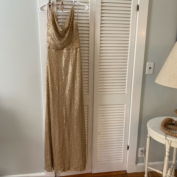 AMSALE ROSE GOLD SEQUIN HALTER BRIDESMAID DRESS - Picture 1 of 5